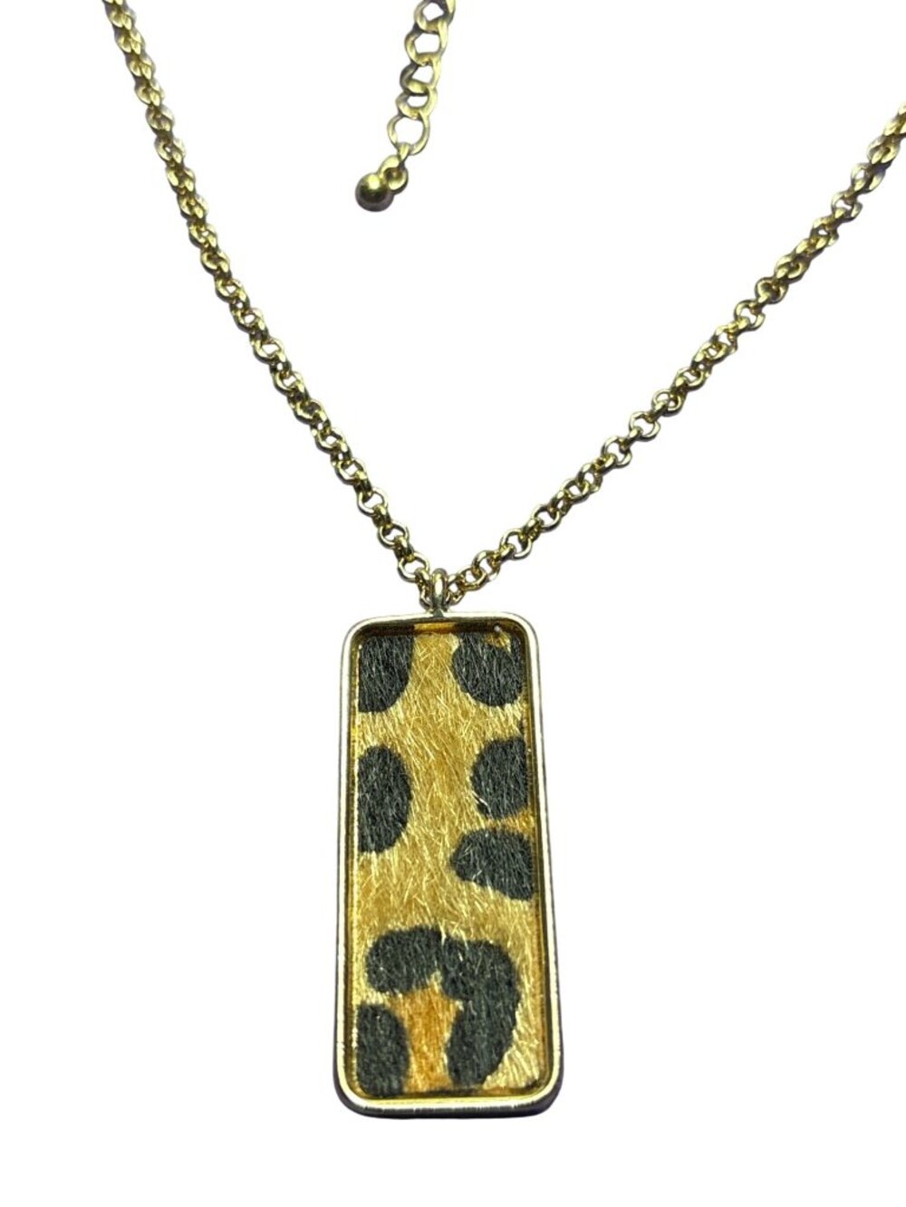 Faux Calf Hair Leopard Print Rectangle Pendant Necklace Goldtone Lobster Clasp
